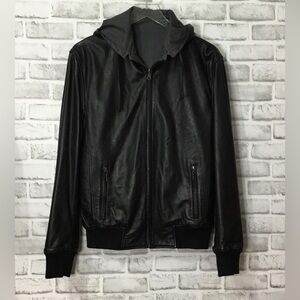 Barneys New York Men’s Lamb Hooded Black Leather Bomber Jacket Size S